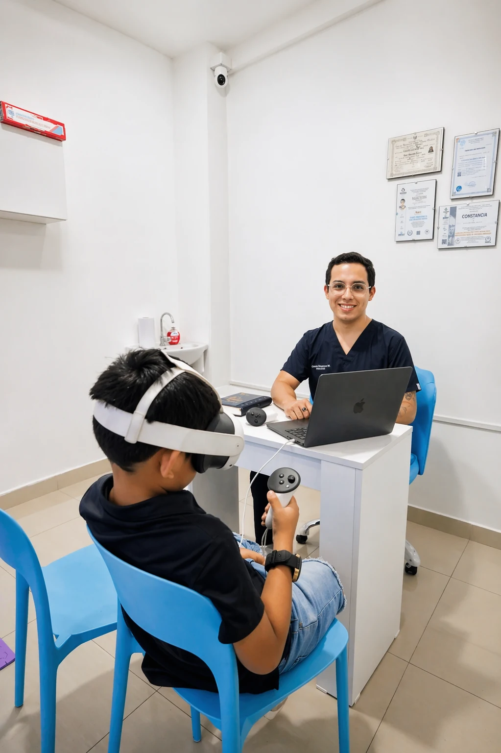 Niño con visor de Realidad Virtual en evaluación TDAH con psicólogo del Centro Manrique Abanza